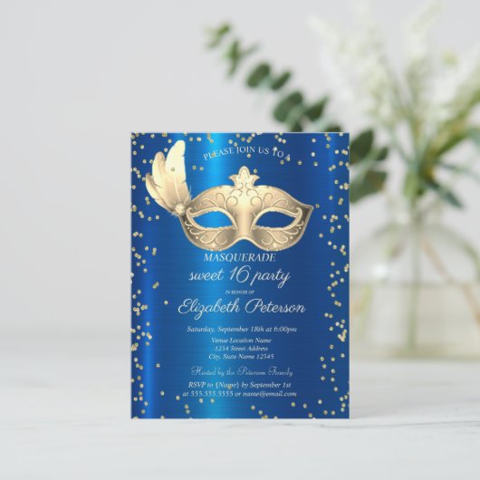 Masque Diamonds Blauw Metallic Masquerade Uitnodiging Briefkaart (Staand voorkant)