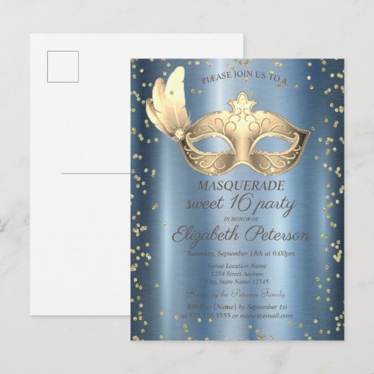 Masque Diamonds Blue Metallalic Sweet 16 Uitnodiging Briefkaart (Voorkant / Achterkant)