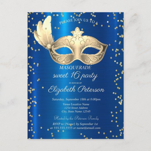 Masque Diamonds Blue Metallic Masquerade Uitnodiging Briefkaart (Voorkant)