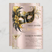 Masque Diamonds Champagne Roos Gold Sweet 16 Kaart (Voorkant / Achterkant)