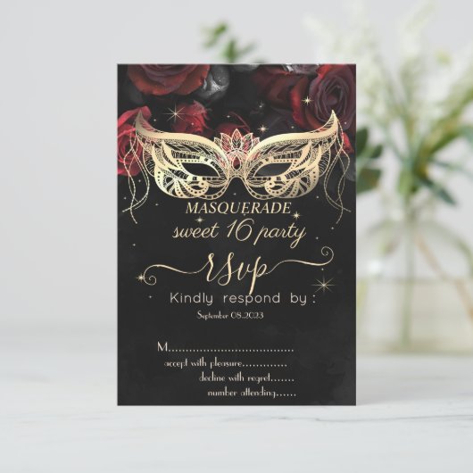 Masque Diamonds Rood Rozen Gotisch Zoet 16 RSVP Kaart (Staand voorkant)