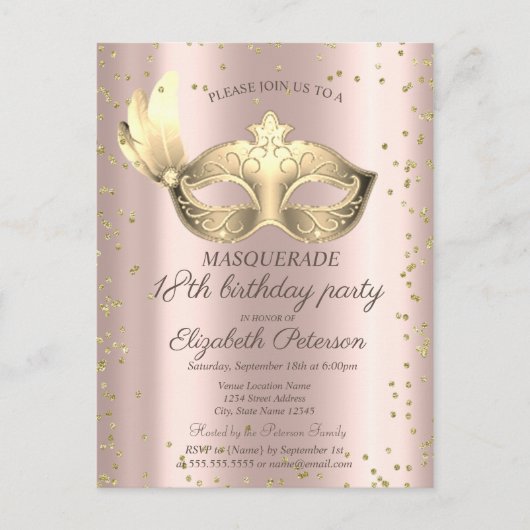 Masque Diamonds Roos Gold Masquerade18th Birthday Uitnodiging Briefkaart (Voorkant)