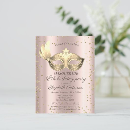 Masque Diamonds Roos Gold Masquerade18th Birthday Uitnodiging Briefkaart (Staand voorkant)