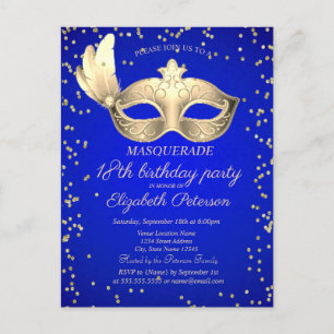 Masque Diamonds Royal Blue 18th Birthday Uitnodiging Briefkaart