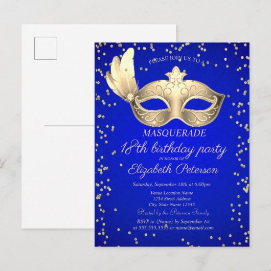 Masque Diamonds Royal Blue 18th Birthday Uitnodiging Briefkaart (Voorkant / Achterkant)