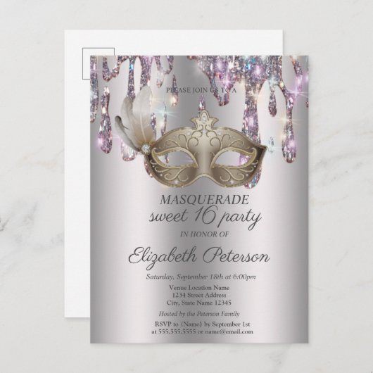 Masque,Drips,Masquerade Sweet 16 Uitnodiging Briefkaart (Voorkant / Achterkant)