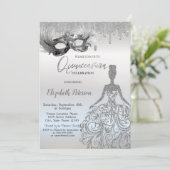  Masque Glitter Dress Drips Silver Quinceanera Kaart (Staand voorkant)