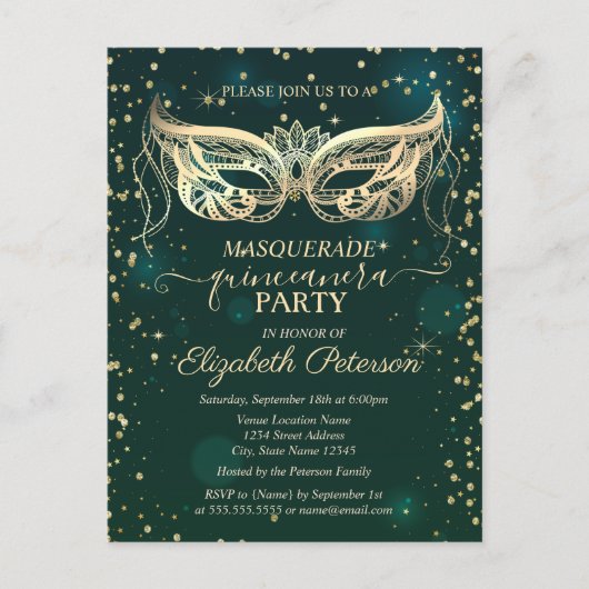 Masque Gold Diamonds Green Quinceañera Uitnodiging Briefkaart (Voorkant)