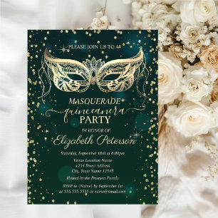Masque Gold Diamonds Green Quinceañera Uitnodiging Briefkaart