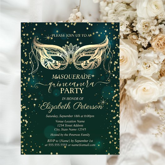 Masque Gold Diamonds Green Quinceañera Uitnodiging Briefkaart