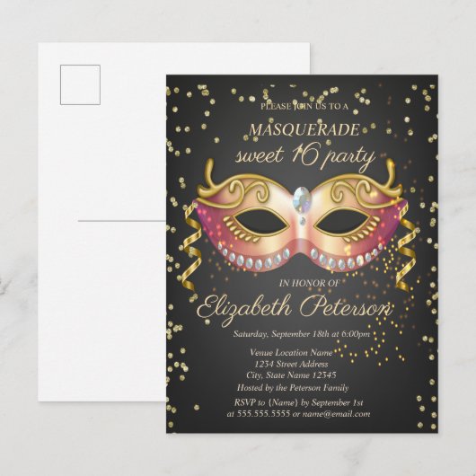 Masque, Gold Diamonds Masquerade Sweet 16 Uitnodiging Briefkaart (Voorkant / Achterkant)