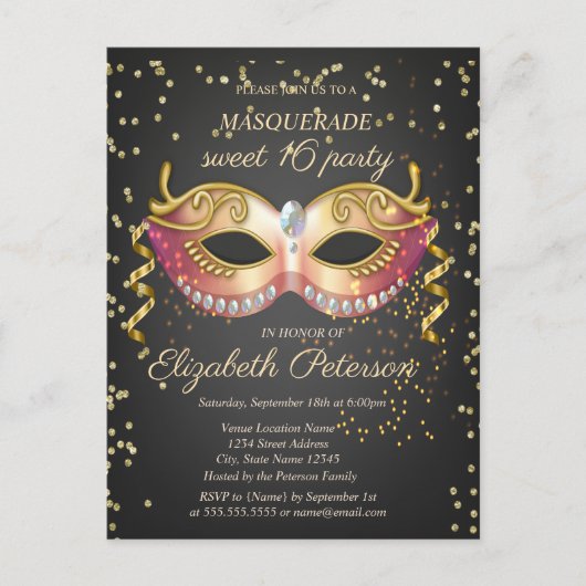 Masque, Gold Diamonds Masquerade Sweet 16 Uitnodiging Briefkaart (Voorkant)