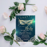 Masque, Lace, Diamonds Green 30th Birthday Party Kaart<br><div class="desc">Een moderne,  chic- en glamoureuze uitnodiging met elegante kant,  gouddiamanten en maskerade masker.</div>
