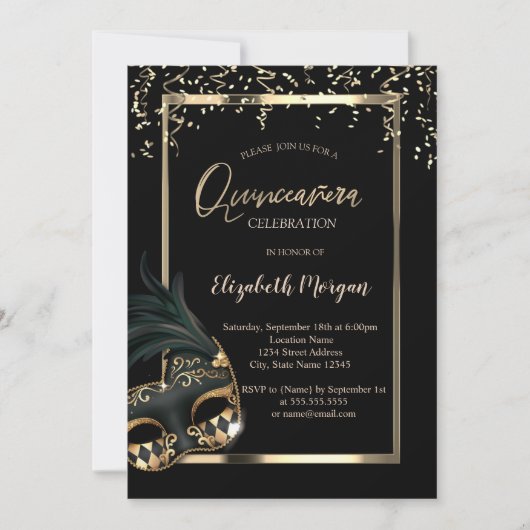 Masque,Lijst,Confetti Masquerade Quinceañera Kaart (Voorkant)