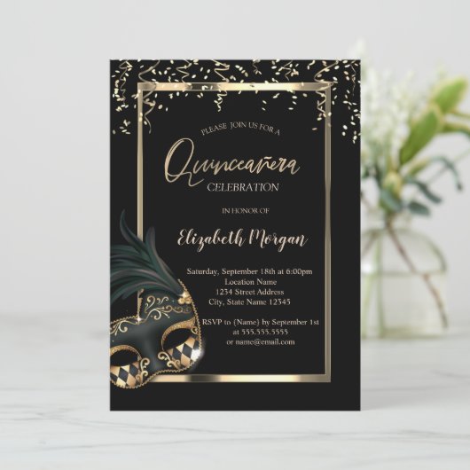 Masque,Lijst,Confetti Masquerade Quinceañera Kaart (Staand voorkant)