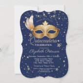 Masque Navy Blue Stars Quinceañera Kaart (Voorkant)