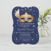 Masque Navy Blue Stars Quinceañera Kaart (Staand voorkant)