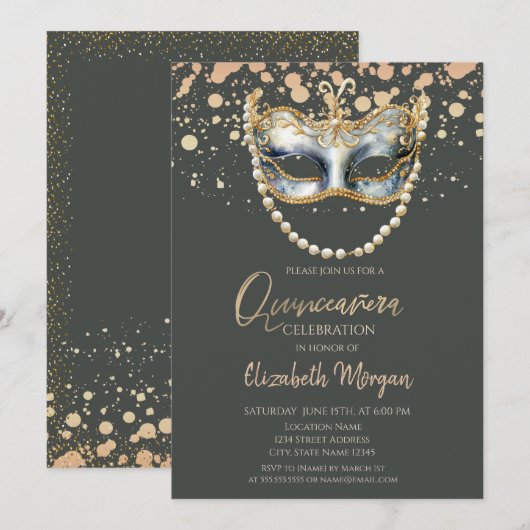 Masque Parels, Confetti Masquerade Quinceañera Kaart (Voorkant / Achterkant)