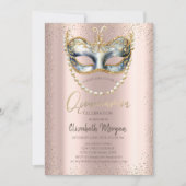 Masque, Parels Confetti Roos Goud Quinceañera Kaart (Voorkant)