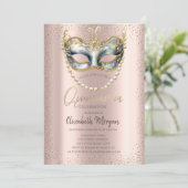 Masque, Parels Confetti Roos Goud Quinceañera Kaart (Staand voorkant)