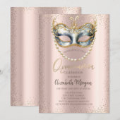 Masque, Parels Confetti Roos Goud Quinceañera Kaart (Voorkant / Achterkant)
