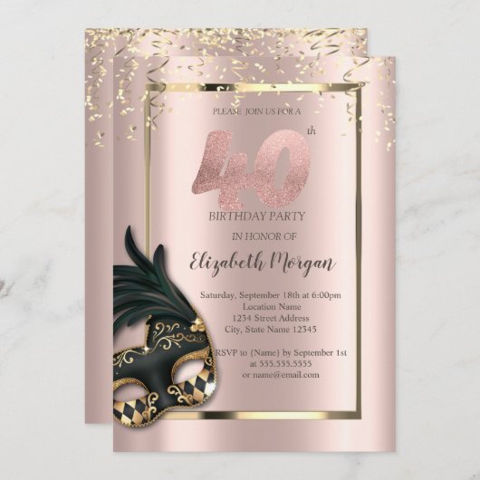 Masque Roos Gold 40e verjaardag Uitnodiging (Voorkant / Achterkant)