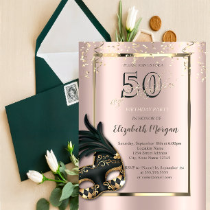 Masque Roos Gold 50th Birthday Invitation Kaart