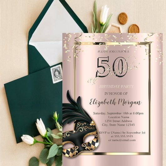 Masque Roos Gold 50th Birthday Invitation Kaart