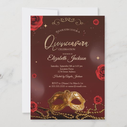 Masque Roses Pearls Burgundy Quinceanera  Kaart (Voorkant)
