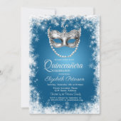 Masque, sneeuwvlokken, blauwe Quinceañera Uitnodig Kaart (Voorkant)
