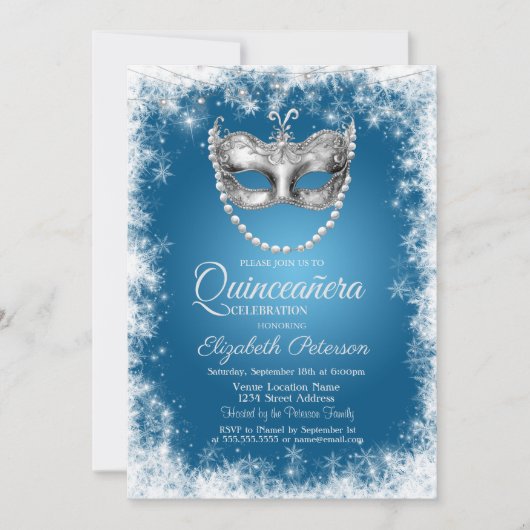 Masque, sneeuwvlokken, blauwe Quinceañera Uitnodig Kaart (Voorkant)