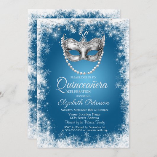 Masque, sneeuwvlokken, blauwe Quinceañera Uitnodig Kaart (Voorkant / Achterkant)
