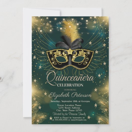 Masque, Strijklichten, Sterren Groene Quinceañera Kaart (Voorkant)
