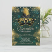 Masque, Strijklichten, Sterren Groene Quinceañera Kaart (Staand voorkant)