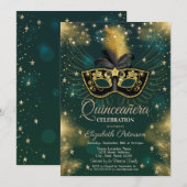 Masque, Strijklichten, Sterren Groene Quinceañera Kaart (Voorkant / Achterkant)