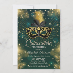 Masque, Strijklichten, Sterren Groene Quinceañera Kaart