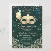 Masque, String Lights, Lace, Stars Green Quinceañe Kaart (Voorkant)