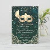 Masque, String Lights, Lace, Stars Green Quinceañe Kaart (Staand voorkant)