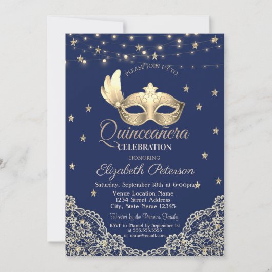 Masque, String Lights, Lace, Stars Quinceañera Kaart (Voorkant)