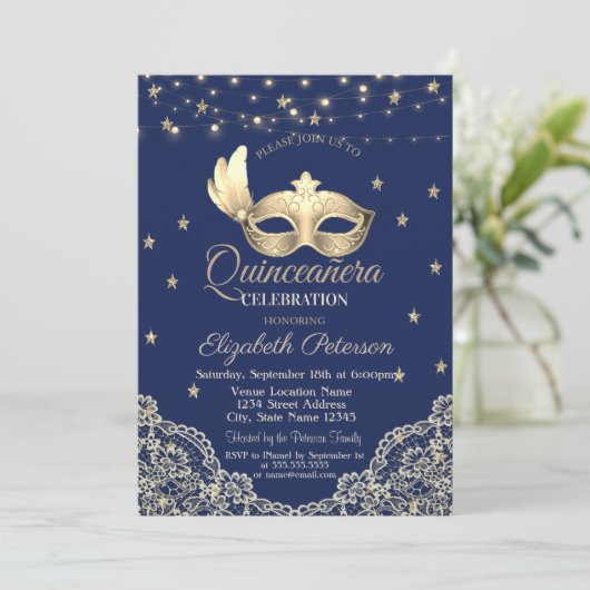 Masque, String Lights, Lace, Stars Quinceañera Kaart (Staand voorkant)