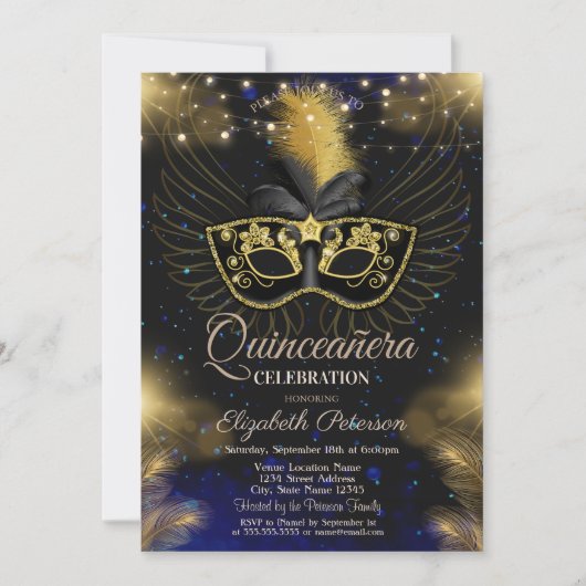 Masque, String Lights, Sterren Blauw Quinceañera Kaart (Voorkant)