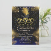 Masque, String Lights, Sterren Blauw Quinceañera Kaart (Staand voorkant)