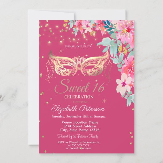 Masquer,Diamonds Spring Bloemen Sweet 16 Kaart (Voorkant)