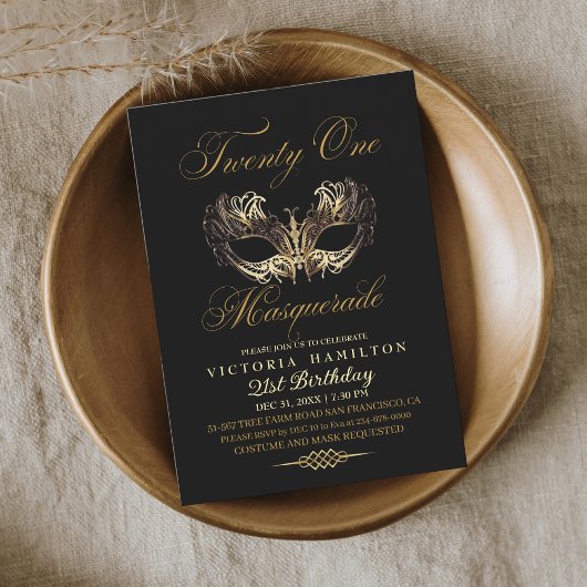 Masquerade 21e verjaardag zwart gouden masker kaart