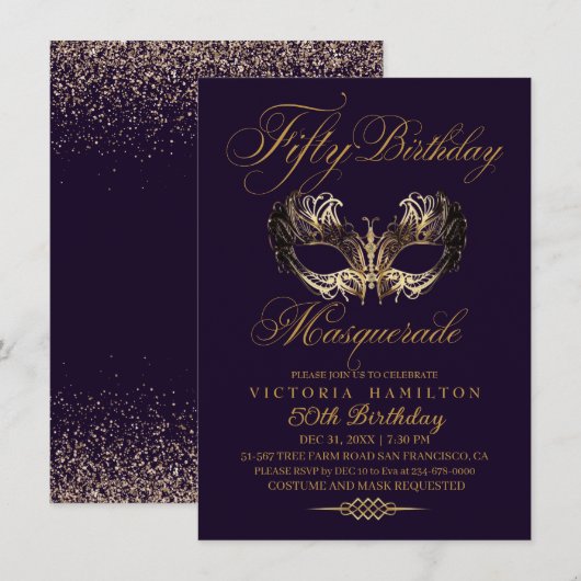 Masquerade 50e verjaardag Paarse gouden uitnodigin Kaart (Voorkant / Achterkant)