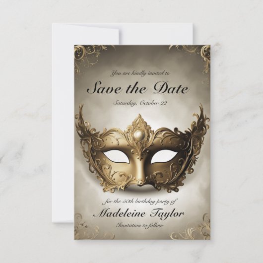 Masquerade Antiek Gouden Venetië Masker 50ste Verj Save The Date (Voorkant)
