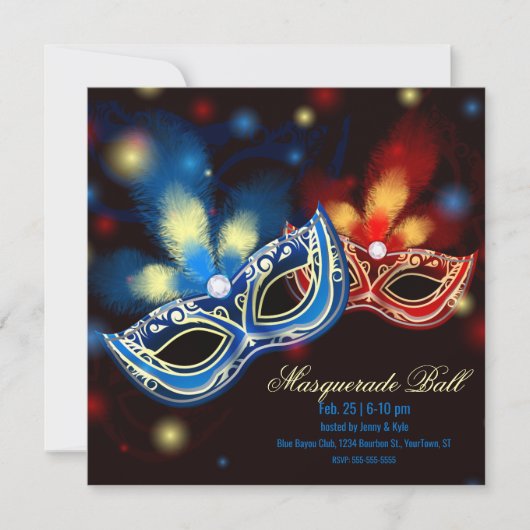 Masquerade B Rood en Blauw Elegant Kaart (Voorkant)
