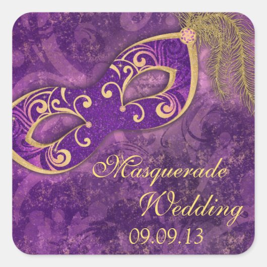 Masquerade Bal Mardi Gras Bruiloft Paarse Vierkante Sticker (Voorkant)