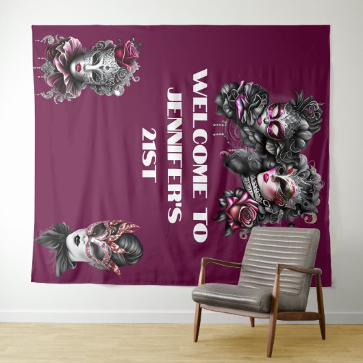 Masquerade bal roze zwart zilver maskers fuchsia wandkleed (In Situ (horizontaal))