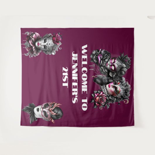 Masquerade bal roze zwart zilver maskers fuchsia wandkleed (Voorkant (horizontaal))